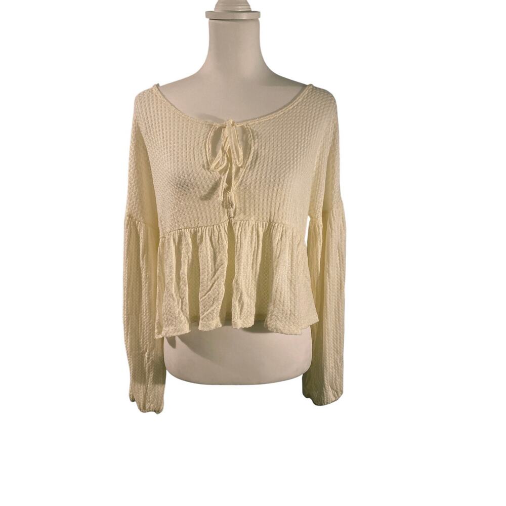 LUSH Long Sleeve Babydoll Waffle Knit Flounce Top In Cream Small